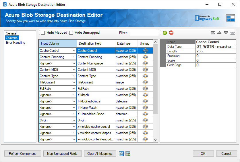 SSIS Azure Blob Storage Destination - Columns